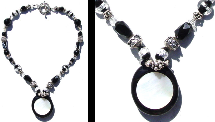 Mother of Pearl, Onyx, Chech & Vintage glass, Swarovski Crystal, Bali Silver Beads